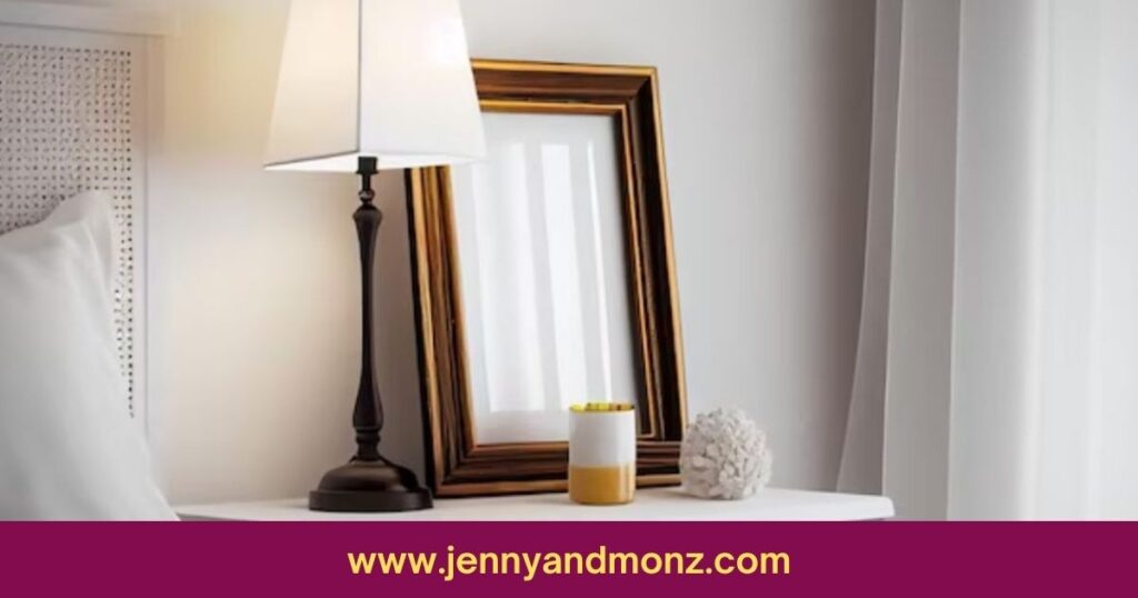 blank photo frame on a nightstand in a bedroom