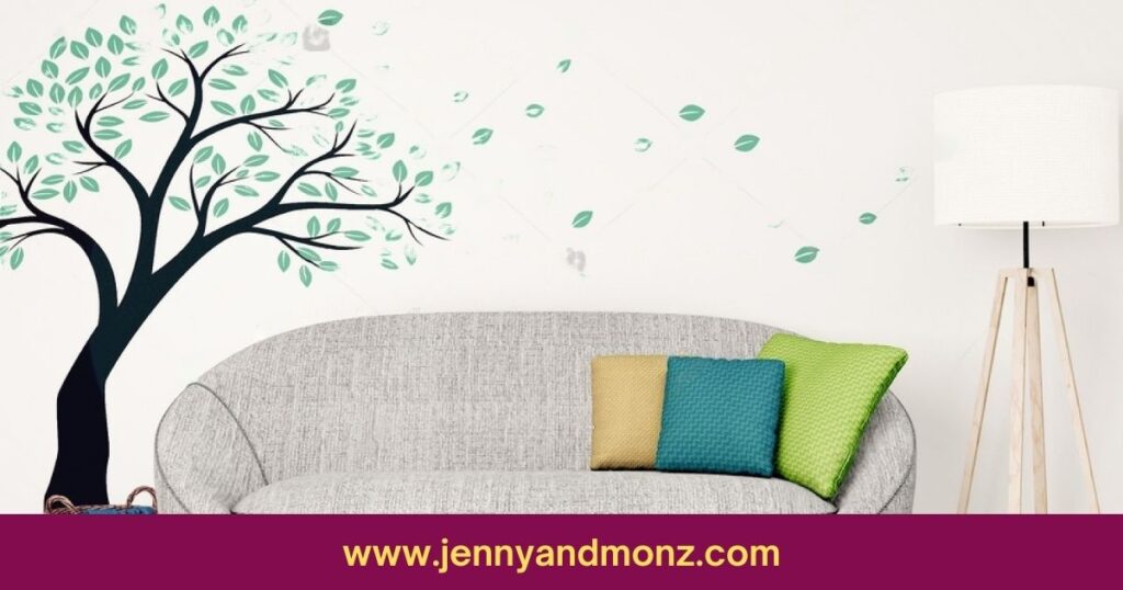 living room decorated with wall decals and colorful pillow