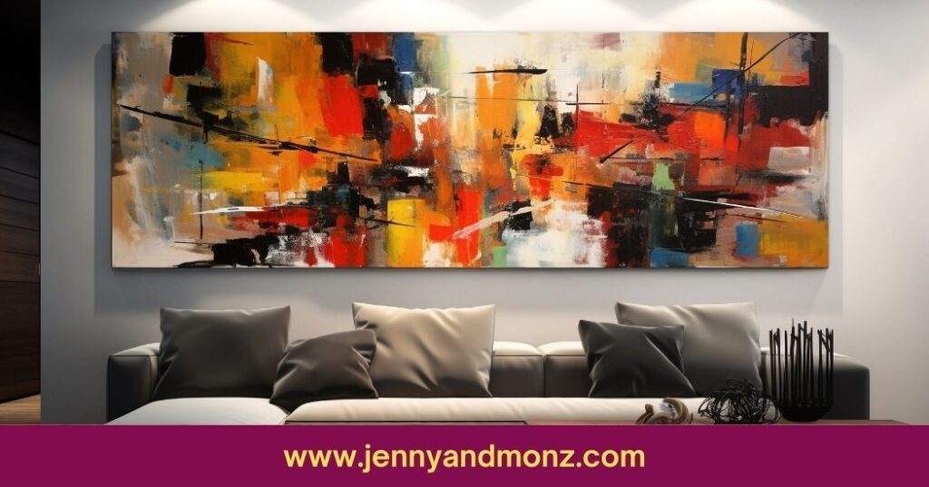 multicolored large painting hanging in a living room