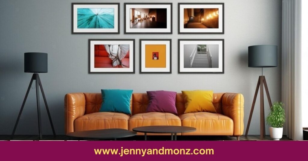 photo collage wall decor in living room with couth and table