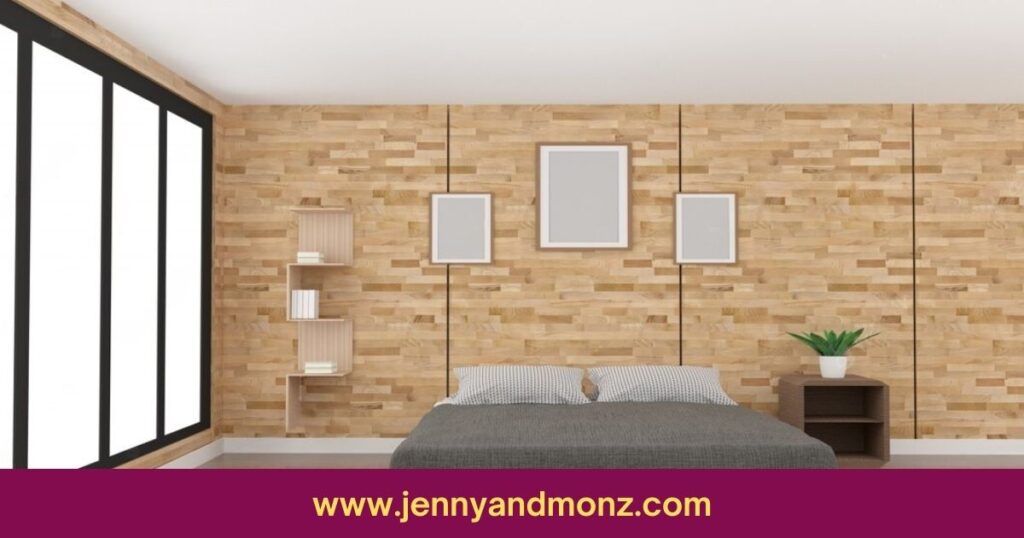 plain boards hanging on a stone tile wall in bedroom