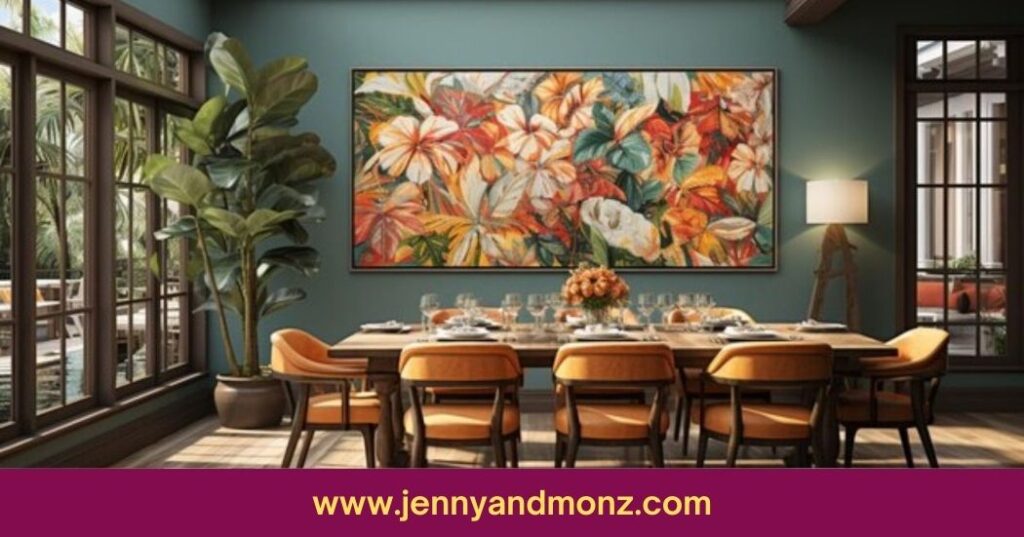 large painting hanging on a olive green painted wall in dinning room 