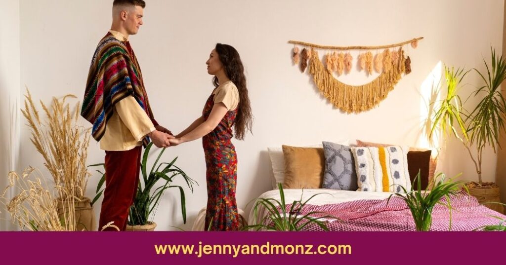 lifestyle in boho interior and macrame hanging on wall above bed
