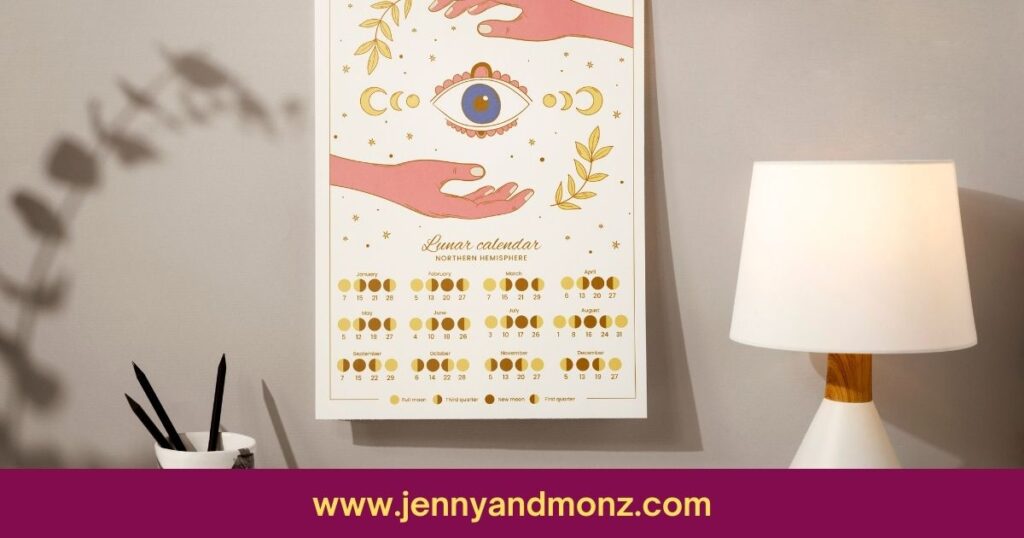 lunar calendar hanging on a wall with white lamp 