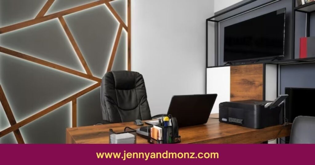 office metallic accent wall decor with wooden table