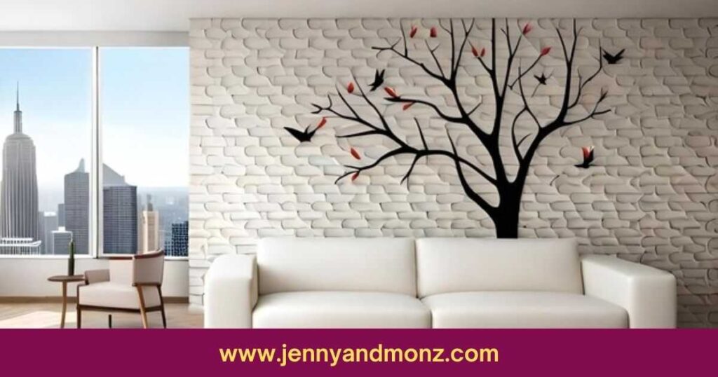 tree wall mural behind white sofa in living room