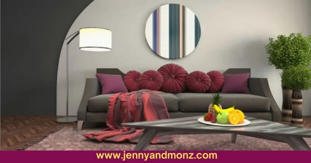 Round Mirror on wall decor behind couch