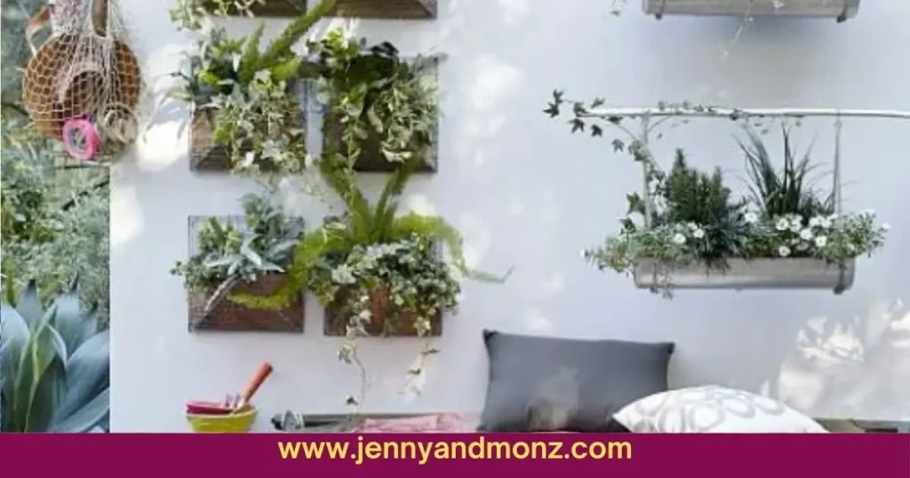 Hanging Wooden Frames and Galvanized Planters for patio wall