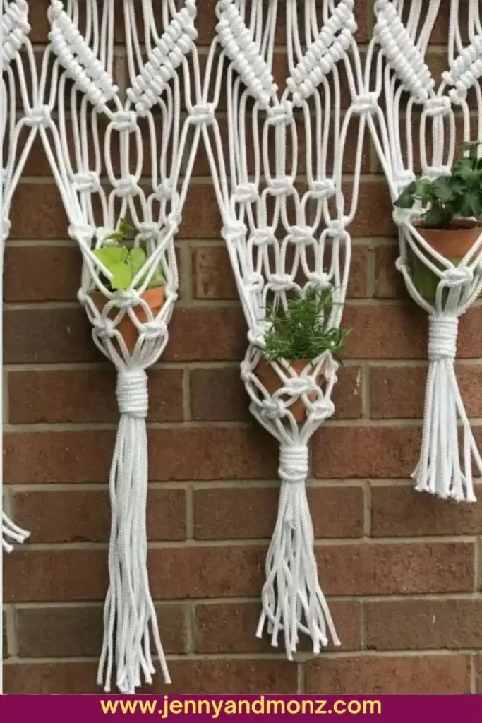Macrame hanging decor with plants inside on patio wall