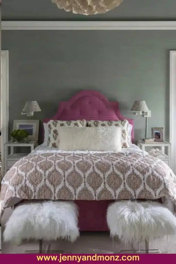 Small bedroom designed in pink and green contrast for a single woman