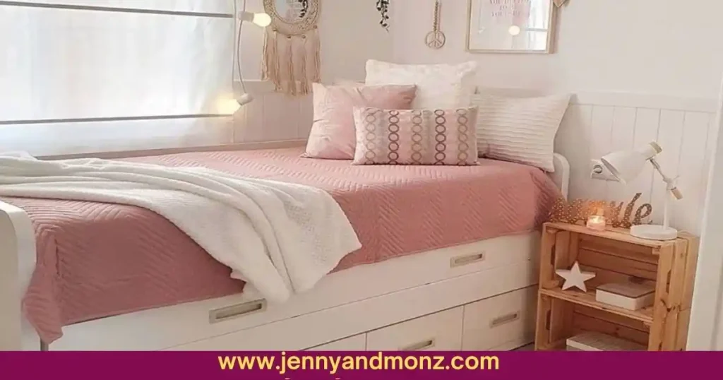 Small bedroom for a single woman with spot-bed and repurposed furniture